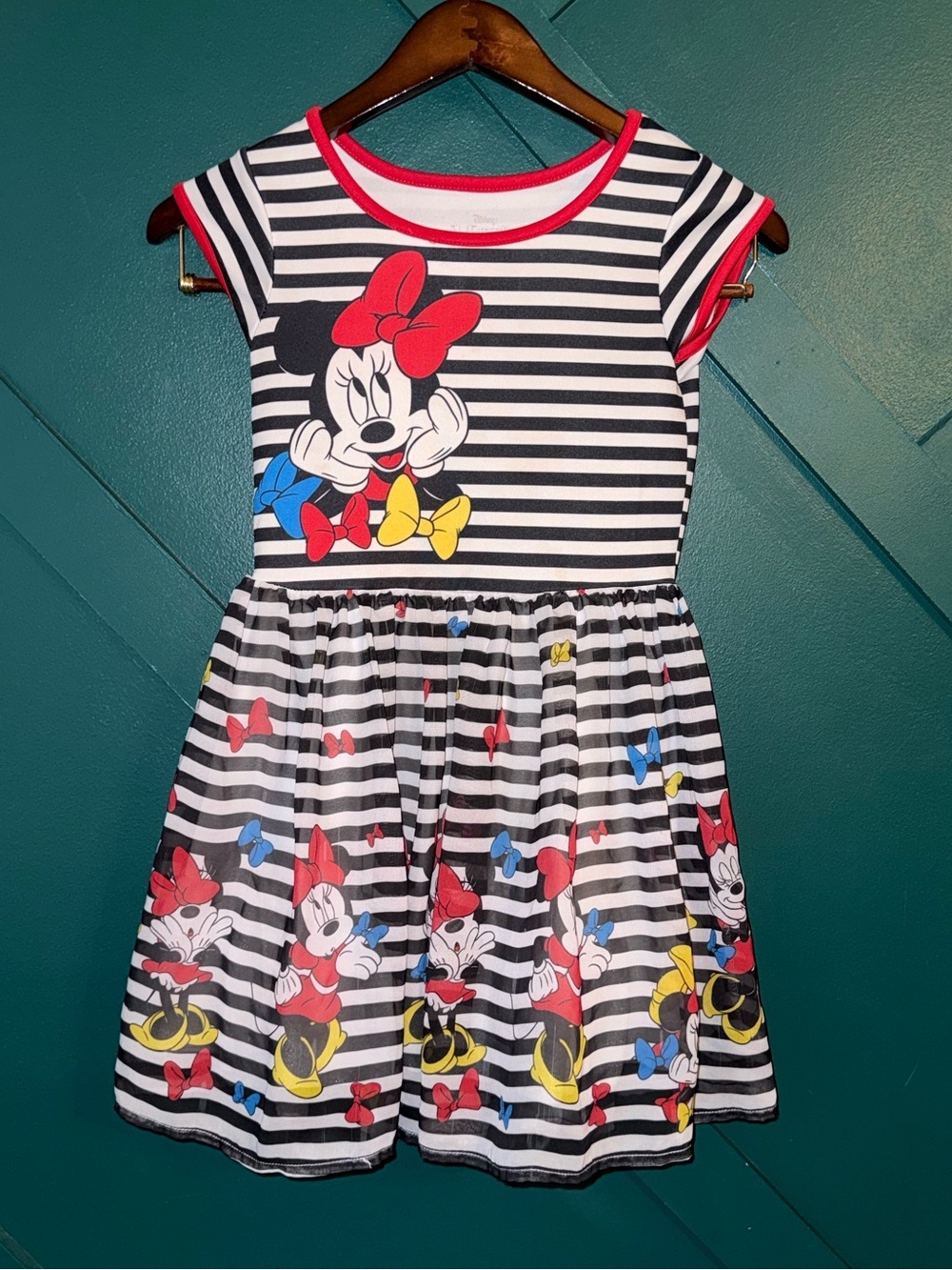Disney Minnie Mouse Black White Stripe Dress Red Bow Girls Twirl Dress